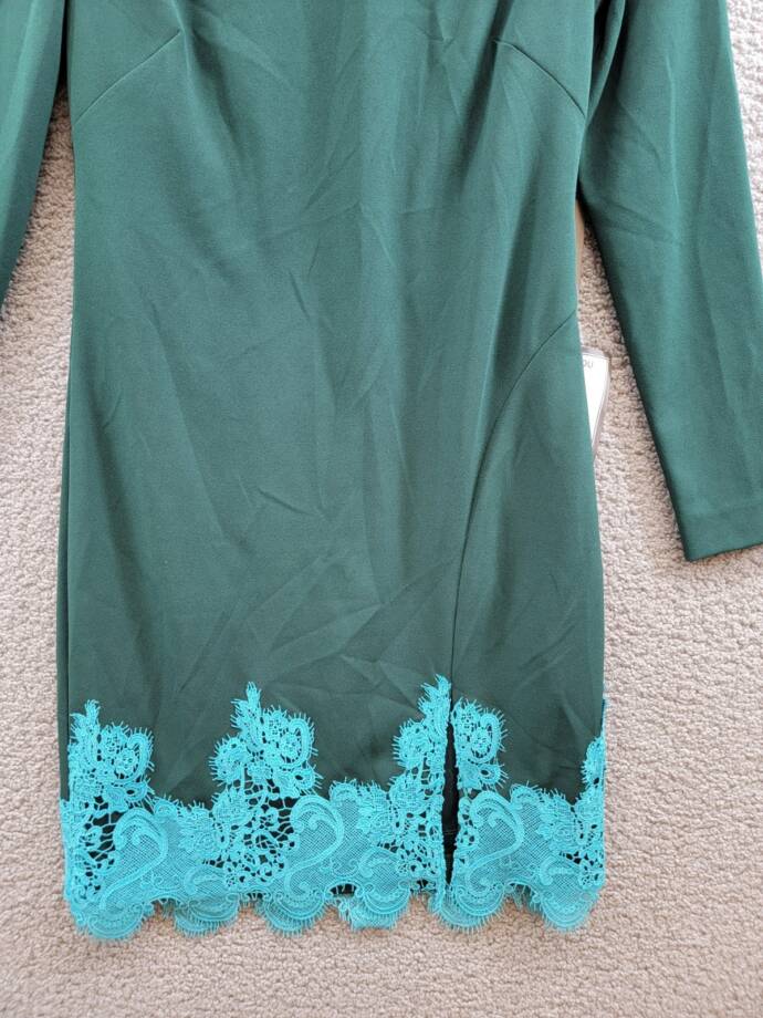 Vince Camuto Lace-Hem Bodycon Dress Women's 6 Hunter Crewneck Button Back Zip