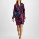 Tahari ASL Printed Faux-Wrap Dress Women's 14 Multi Belted Collared Long Sleeve