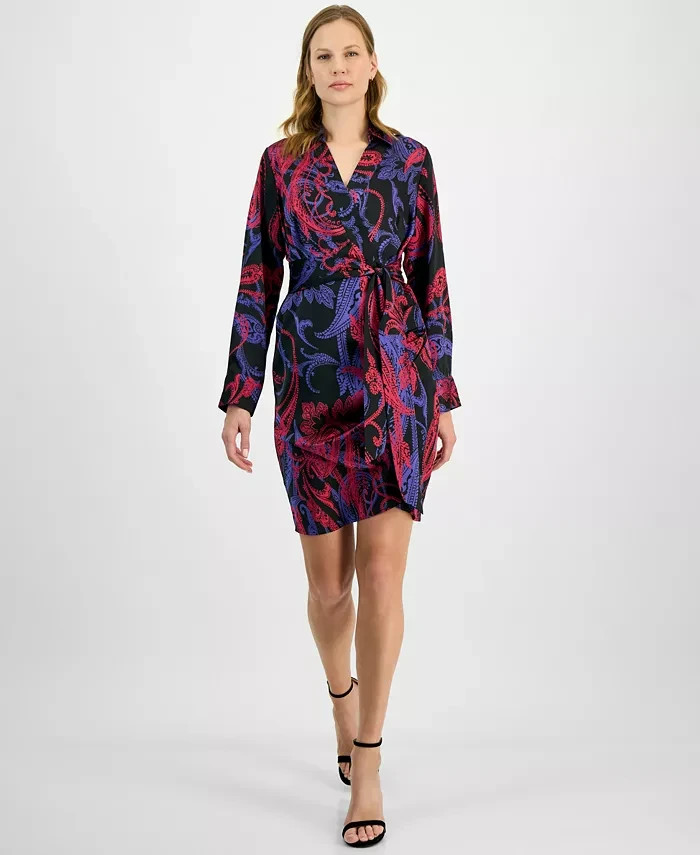 Tahari ASL Printed Faux-Wrap Dress Women's 14 Multi Belted Collared Long Sleeve