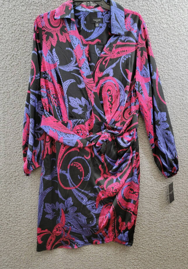 Tahari ASL Printed Faux-Wrap Dress Women's 14 Multi Belted Collared Long Sleeve
