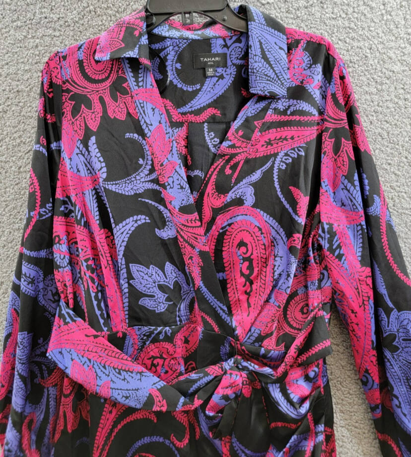 Tahari ASL Printed Faux-Wrap Dress Women's 14 Multi Belted Collared Long Sleeve