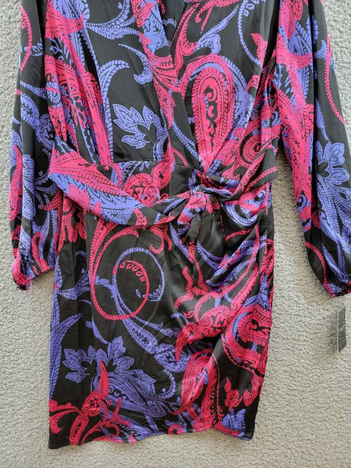 Tahari ASL Printed Faux-Wrap Dress Women's 14 Multi Belted Collared Long Sleeve