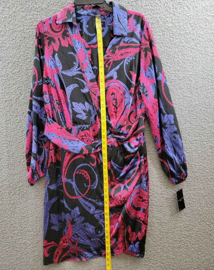 Tahari ASL Printed Faux-Wrap Dress Women's 14 Multi Belted Collared Long Sleeve