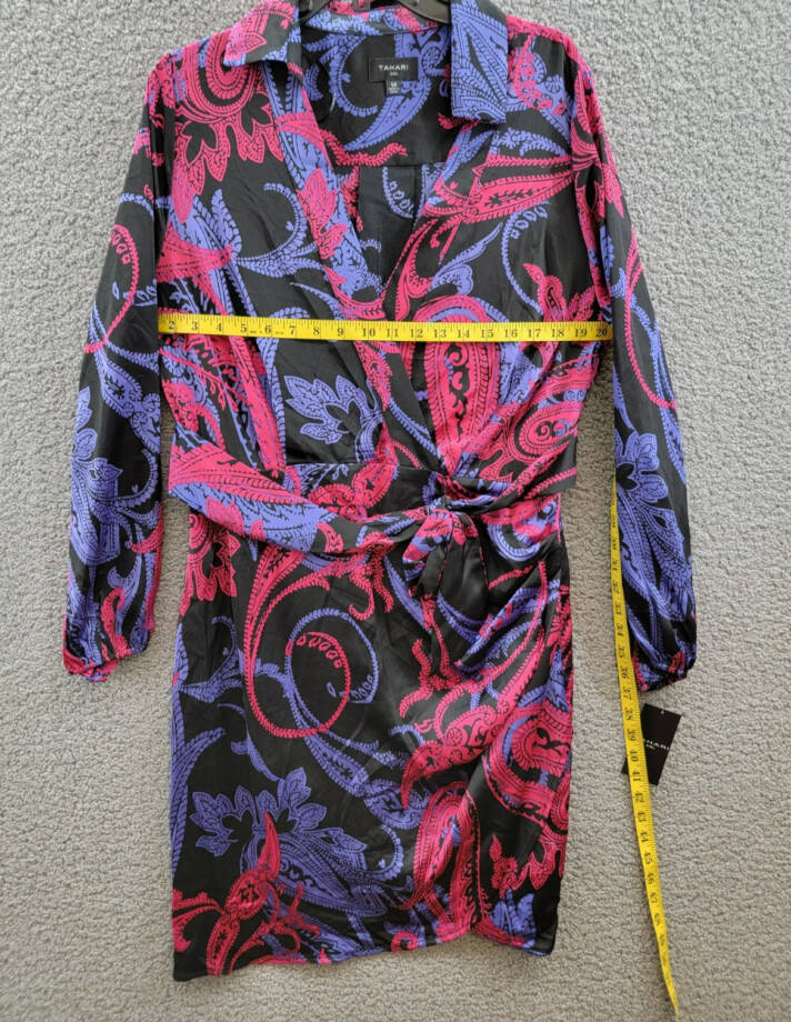 Tahari ASL Printed Faux-Wrap Dress Women's 14 Multi Belted Collared Long Sleeve