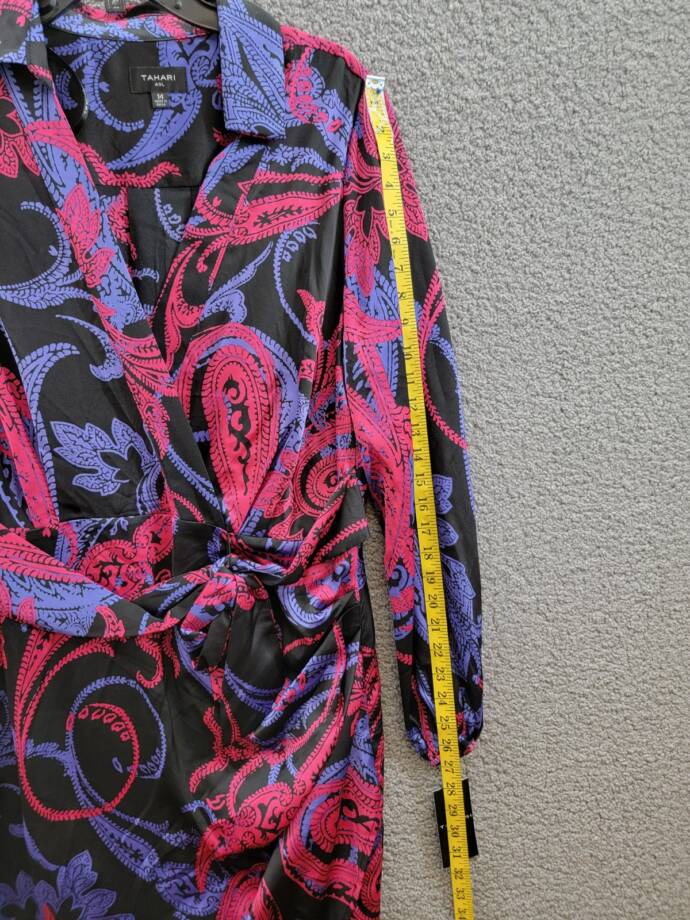 Tahari ASL Printed Faux-Wrap Dress Women's 14 Multi Belted Collared Long Sleeve