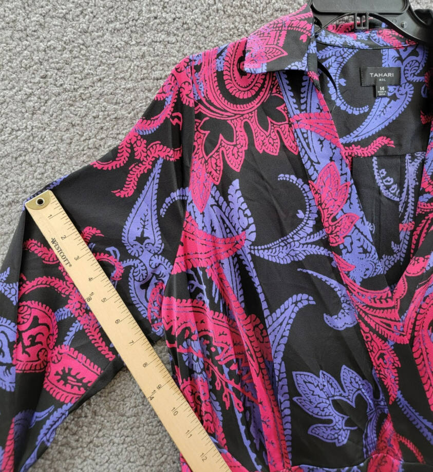 Tahari ASL Printed Faux-Wrap Dress Women's 14 Multi Belted Collared Long Sleeve