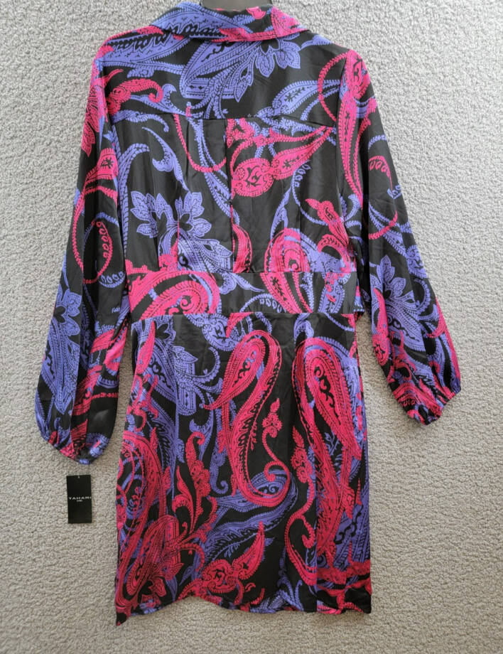 Tahari ASL Printed Faux-Wrap Dress Women's 14 Multi Belted Collared Long Sleeve