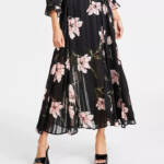 CeCe Pleated Floral Print Maxi Skirt Women's XL Black Multi Side Zip Closure